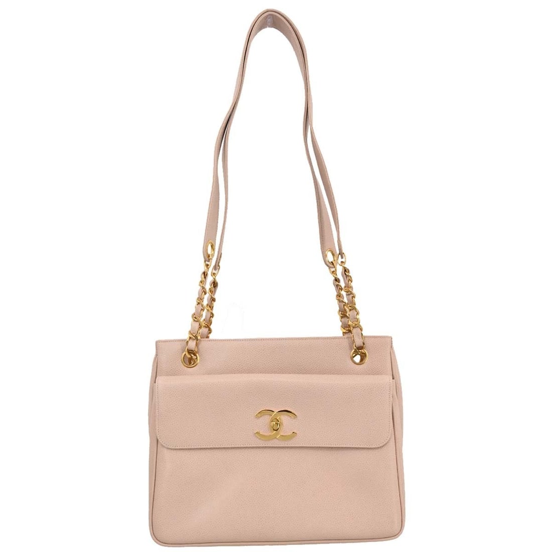 Chanel Medium Pink Calfskin Tote Shoulder Bag from Italy: Chanel Medium Pink Calfskin Tote Shoulder Bag from Italy This Chanel tote shoulder bag features a light pink calfskin exterior with a medium-sized silhouette. It is designed with a magnetic closure an