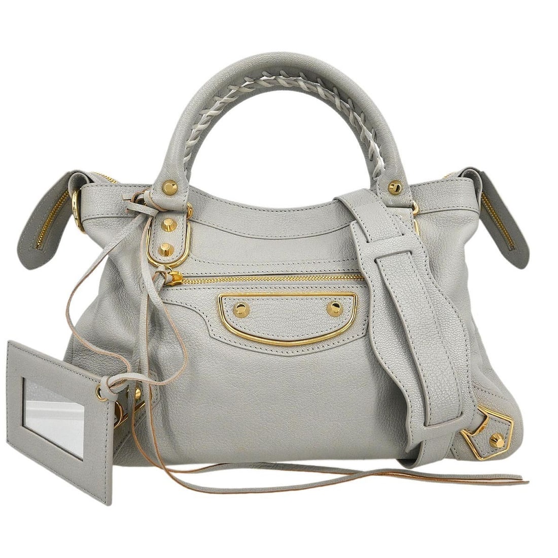 Gray Leather Balenciaga Town Metallic Edge Medium Top Handle Bag: Gray Leather Balenciaga Town Metallic Edge Medium Top Handle Bag This Balenciaga Classic Town bag features a gray leather exterior with metallic edge accents and a top handle design. The bag includes
