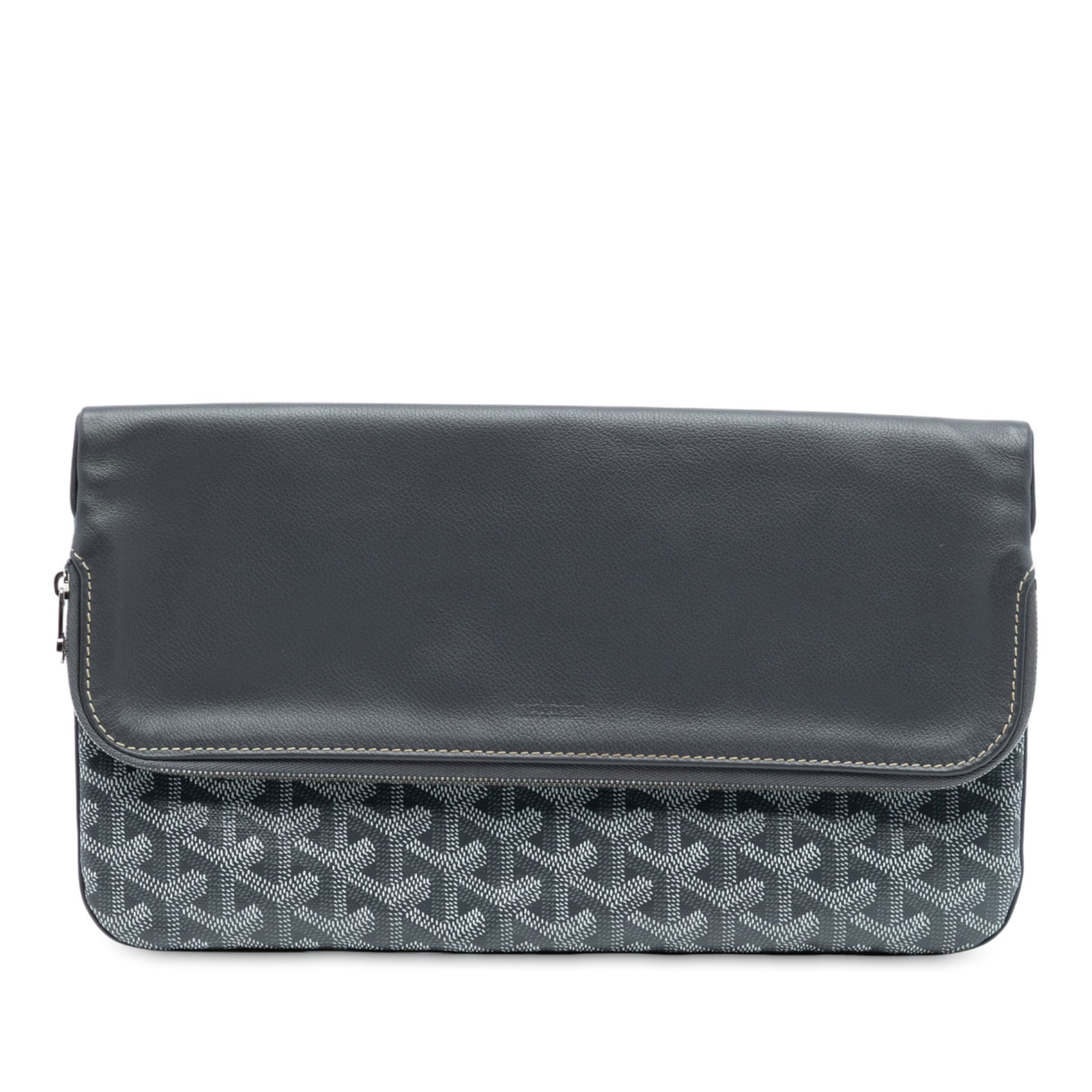 Goyard Goyardine Sainte Marie MM Gray Coated Canvas Fold Over Clutch Bag: Goyard Goyardine Sainte Marie MM Gray Coated Canvas Fold Over Clutch Bag The Goyardine Sainte Marie MM clutch bag features a coated canvas body in gray, a fold-over flap with zip closure, an exterior