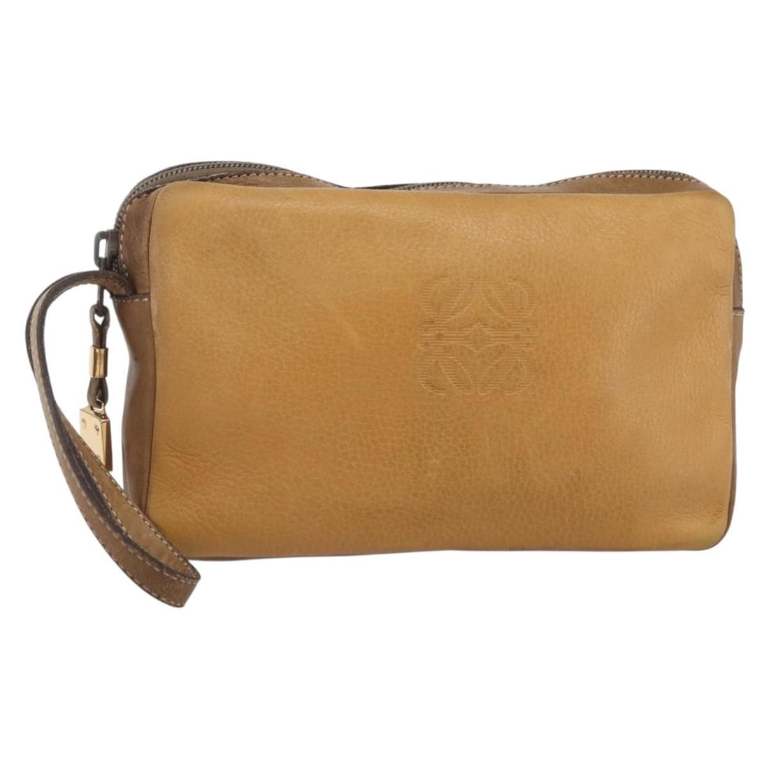 Loewe Beige Leather Clutch Bag Anagram 22cm by 13cm by 4cm: Loewe Beige Leather Clutch Bag Anagram 22cm by 13cm by 4cm This pre-owned Loewe Anagram clutch bag for women is crafted from beige leather and features the signature Anagram design. It shows signs of
