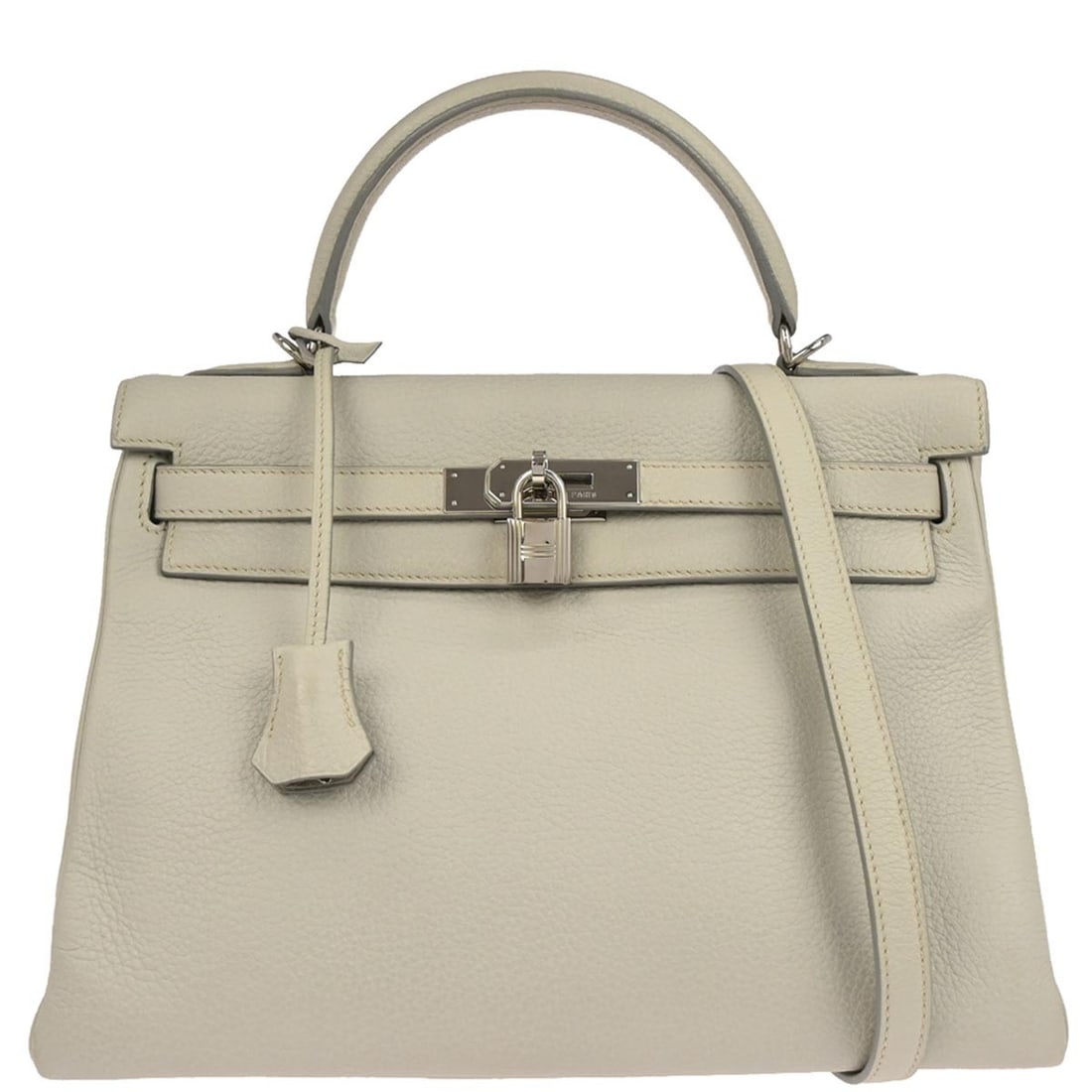 Hermes Kelly 32 Retourne Light Gray Leather Satchel With Detachable Strap: Hermes Kelly 32 Retourne Light Gray Leather Satchel With Detachable Strap This Hermes Kelly 32 Retourne handbag is crafted from light gray Taurillon Clemence leather and features a medium-sized silhou