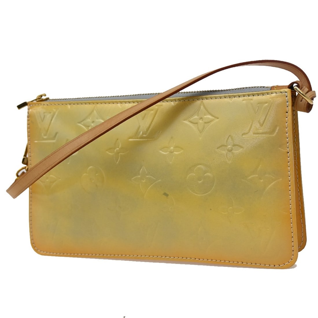 Lexington Pochette Yellow Patent Leather Bag by Louis Vuitton: Lexington Pochette Yellow Patent Leather Bag by Louis Vuitton The Louis Vuitton Lexington Pochette features a yellow Monogram Vernis patent leather exterior and is designed for women. This pre-owned h