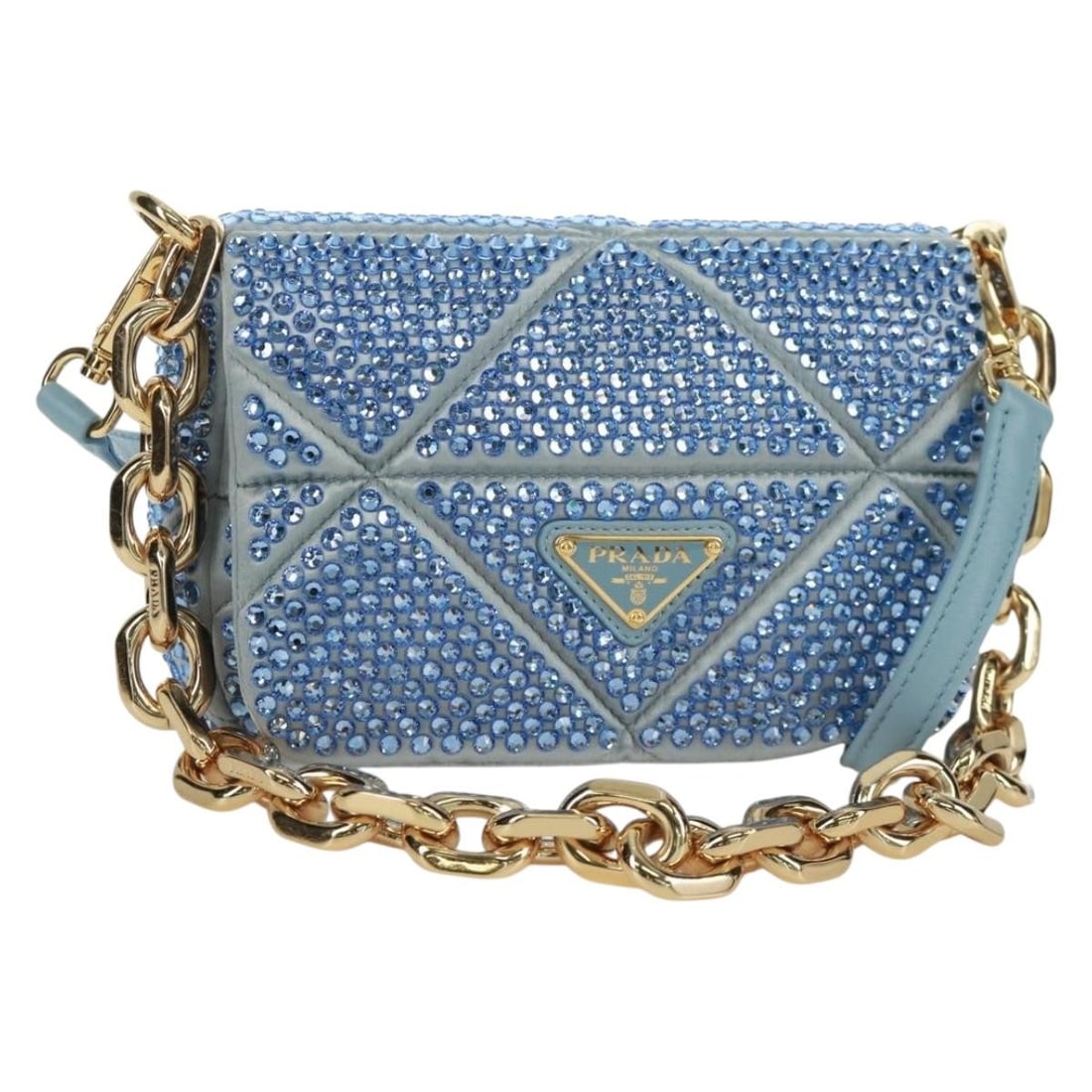 Light Blue Satin PRADA Chain Shoulder Bag With Crystal Accents And Gold Details: Light Blue Satin PRADA Chain Shoulder Bag With Crystal Accents And Gold Details This PRADA 2-way shoulder bag features a stunning light blue satin exterior with crystal embellishments and gold-tone ac