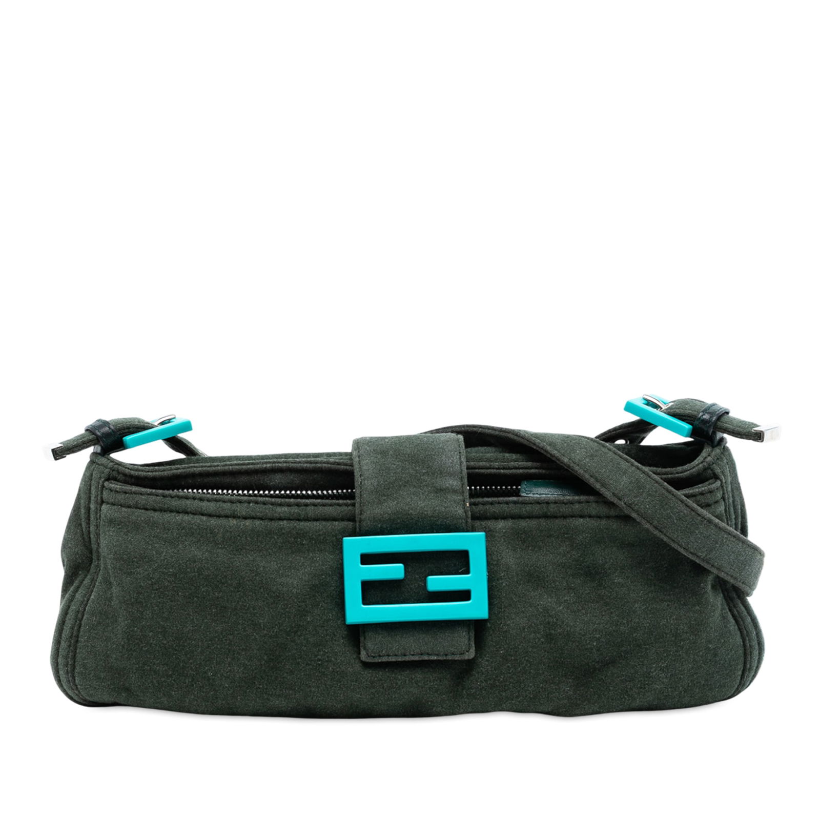 Green Wool Fendi Baguette Shoulder Bag with Adjustable Strap: Green Wool Fendi Baguette Shoulder Bag with Adjustable Strap This Fendi Wool Mamma Baguette Shoulder Bag features a green wool body with an adjustable flat strap, a top zip and flap with magnetic snap
