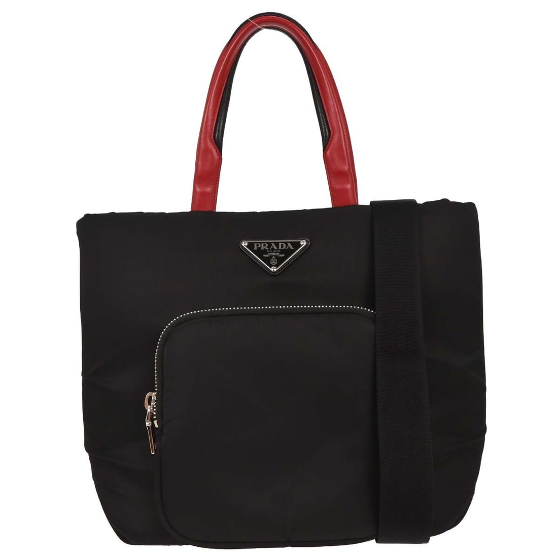 Prada Black Nylon Top Handle 2way Handbag 255 Italy: Prada Black Nylon Top Handle 2way Handbag 255 Italy Introducing the Prada Black Nylon 2way Handbag, a stylish accessory perfect for casual occasions. This medium-sized top handle bag features a sleek