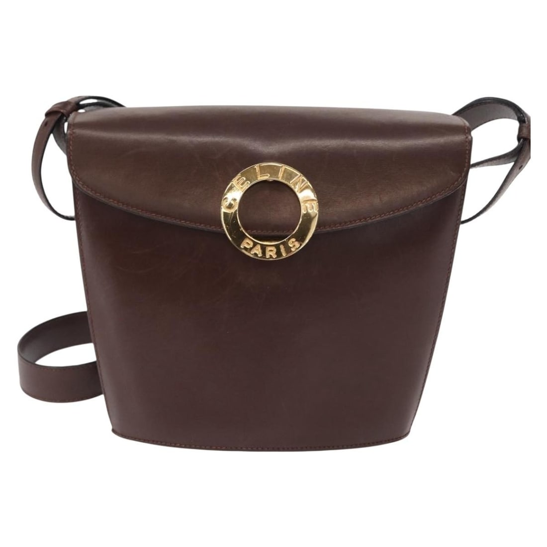 Celine Leather Shoulder Bag with Circle Logo Brown 17cm: Celine Leather Shoulder Bag with Circle Logo Brown 17cm This Celine Circle Logo Shoulder Bag crafted from leather features a compact square shape in brown. Designed for women, it showcases the signatu