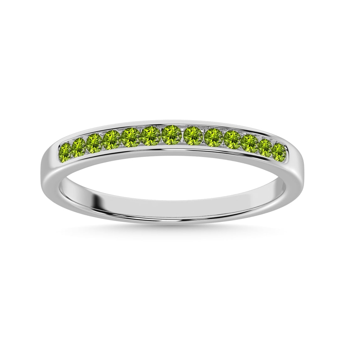 Peridot 1/4 Ct.Tw. Ladies Machine Band in 14K White Gold: Peridot 1/4 Ct.Tw. Ladies Machine Band in 14K White Gold 14k White Gold Stone Color: G-h Stone Clarity: Aaa Each ring is presented in standard size 6.5. Complimentary resizing is available between siz