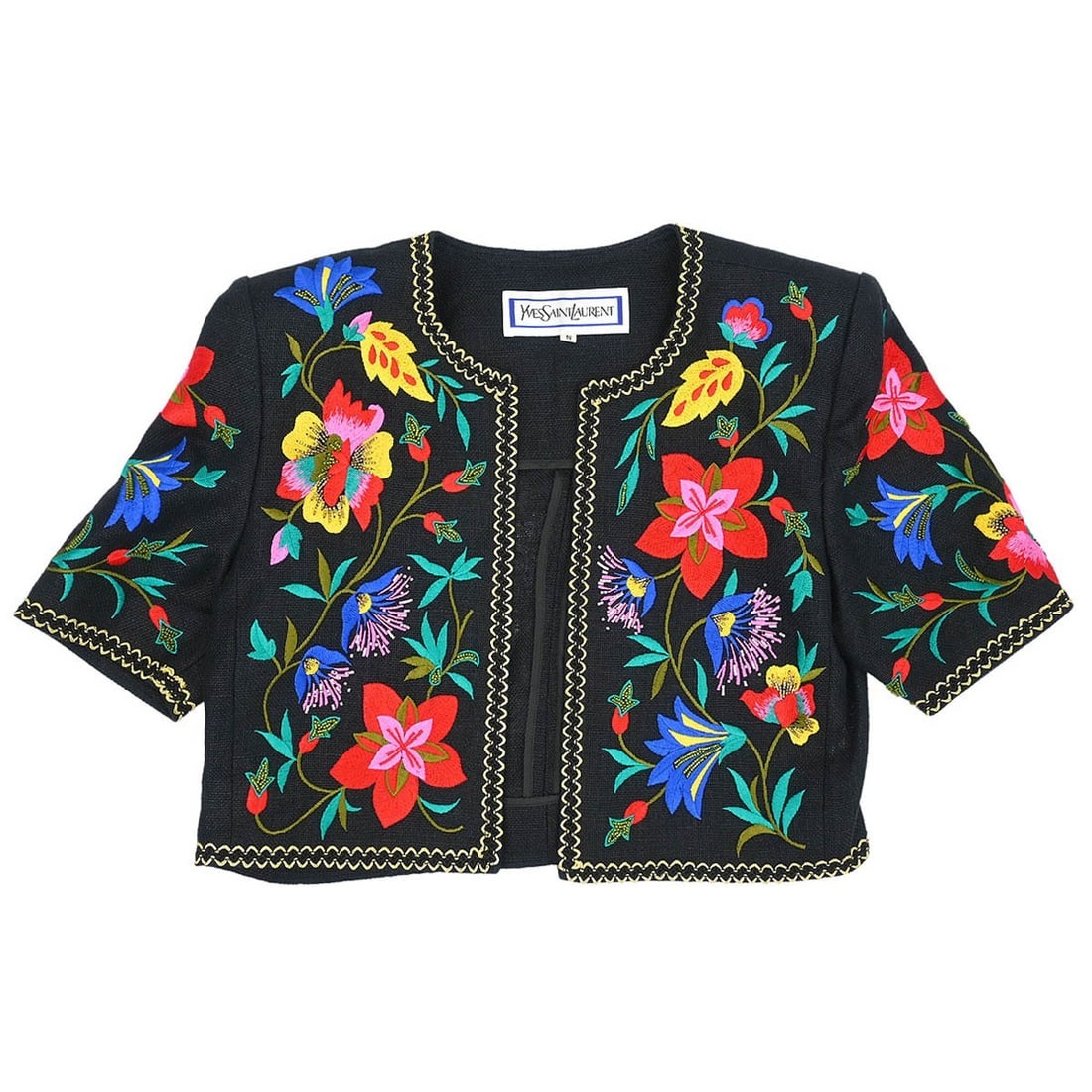 Yves Saint Laurent Black Linen Collarless Jacket HZ530-700 #S: Yves Saint Laurent Black Linen Collarless Jacket HZ530-700 #S This elegant Yves Saint Laurent Collarless Jacket in classic black is crafted from 100% linen, making it a lightweight and breathable choi