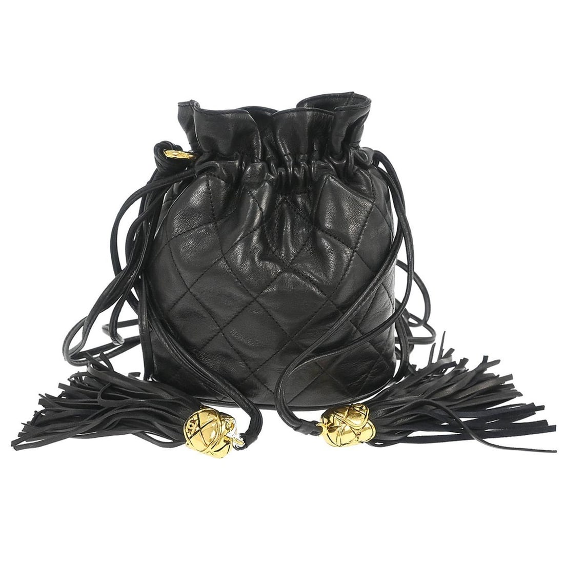 Mini Chanel Drawstring Shoulder Bag in Black Lambskin with Tassel: Mini Chanel Drawstring Shoulder Bag in Black Lambskin with Tassel This Chanel bucket bag features a classic drawstring closure and a stylish tassel accent. Crafted from luxurious black lambskin leathe