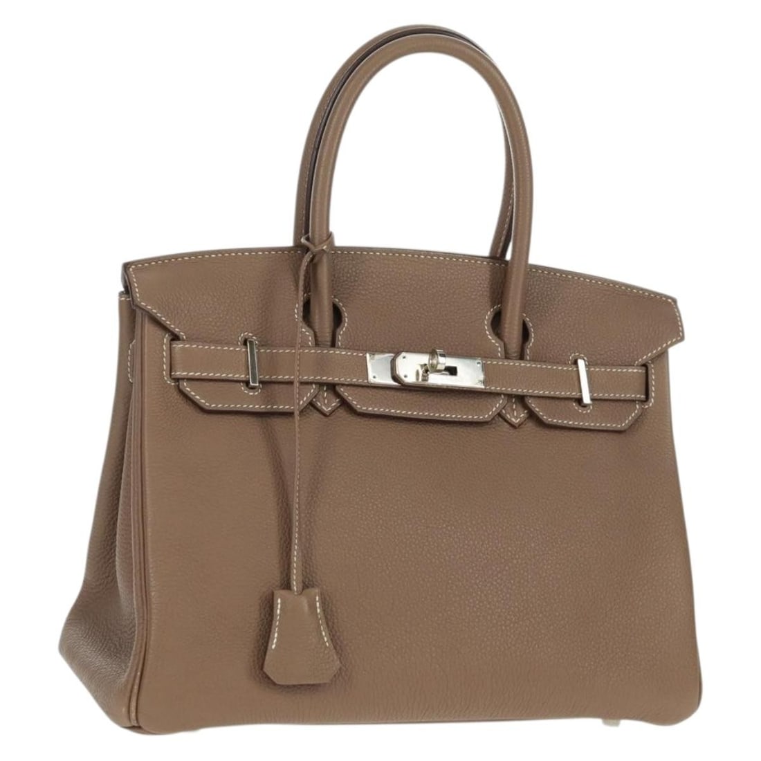 Hermes Birkin 30 Leather Handbag in Silver and Etope with Padlock and Keys: Hermes Birkin 30 Leather Handbag in Silver and Etope with Padlock and Keys This Hermes Birkin 30 handbag is crafted from leather in Silver and Etope colors. The bag features a structured silhouette an