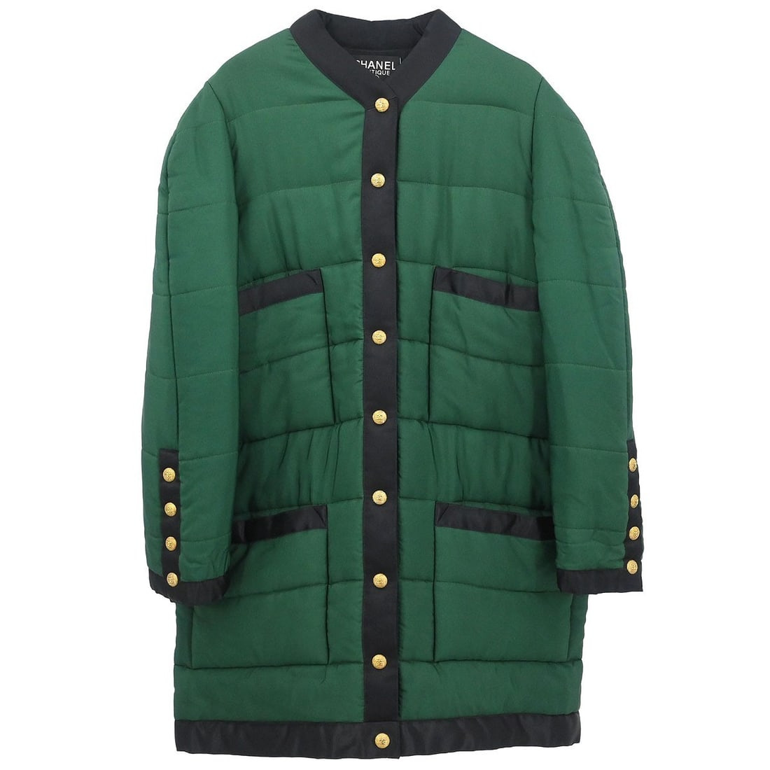 Chanel Green Silk Mid-Length Vintage Overcoat Size 42: Chanel Green Silk Mid-Length Vintage Overcoat Size 42 This vintage Chanel overcoat features a mid-length design crafted from 100% silk in a striking green color. The coat has long sleeves and button c