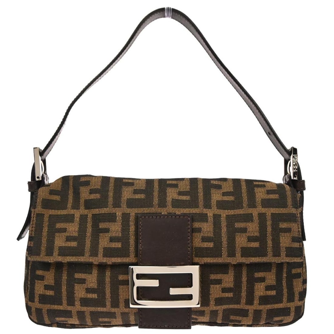 Fendi Baguette Brown Zucca Canvas Shoulder Bag with Silver Hardware: Fendi Baguette Brown Zucca Canvas Shoulder Bag with Silver Hardware This Fendi Baguette handbag features the iconic brown Zucca canvas with silver-tone hardware. Designed for casual occasions, it offe