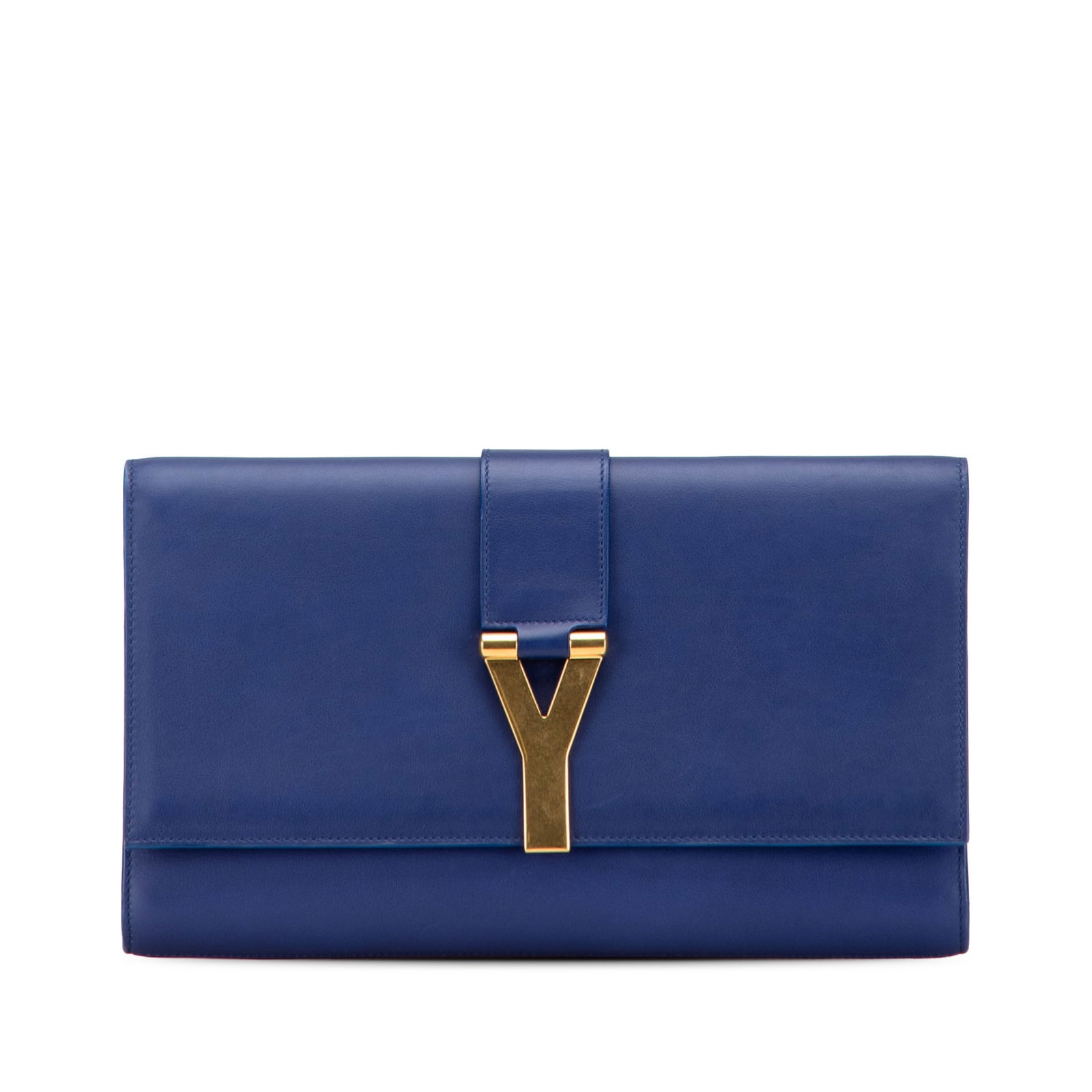 Saint Laurent Leather Chyc Ligne Clutch Blue with Gold Hardware: Saint Laurent Leather Chyc Ligne Clutch Blue with Gold Hardware Introducing the Saint Laurent Leather Chyc Ligne Clutch, a stunning accessory crafted from high-quality leather. This elegant clutch fea