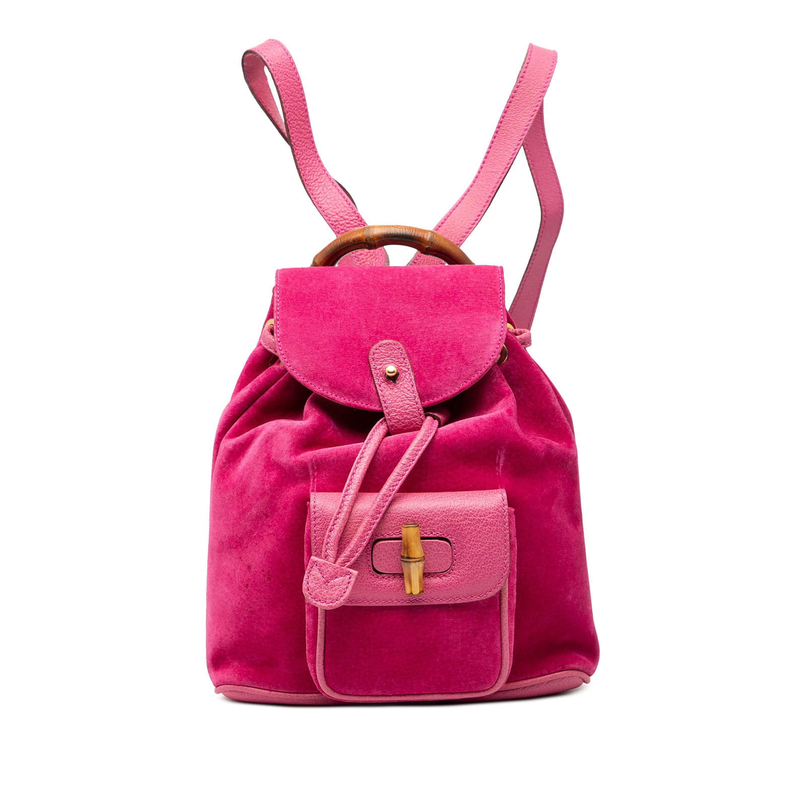 Pink Leather and Suede Bamboo Handle Backpack by Gucci: Pink Leather and Suede Bamboo Handle Backpack by Gucci This Gucci Suede Bamboo Backpack features a pink suede body with leather trim, a distinctive bamboo top handle, flat leather back straps, a flap