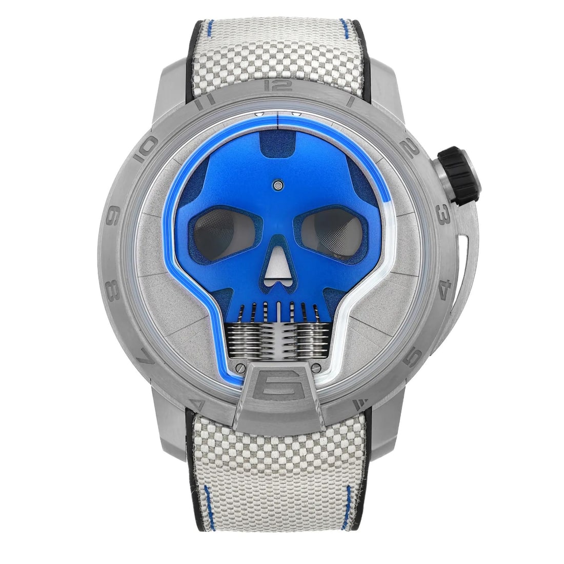 HYT H4 Skull 50mm Titanium Blue Dial Limited Edition Manual Wind Watch: HYT H4 Skull 50mm Titanium Blue Dial Limited Edition Manual Wind Watch The HYT H4 Skull is a striking luxury wristwatch designed for men, featuring a bold 50mm round case crafted from lightweight tita