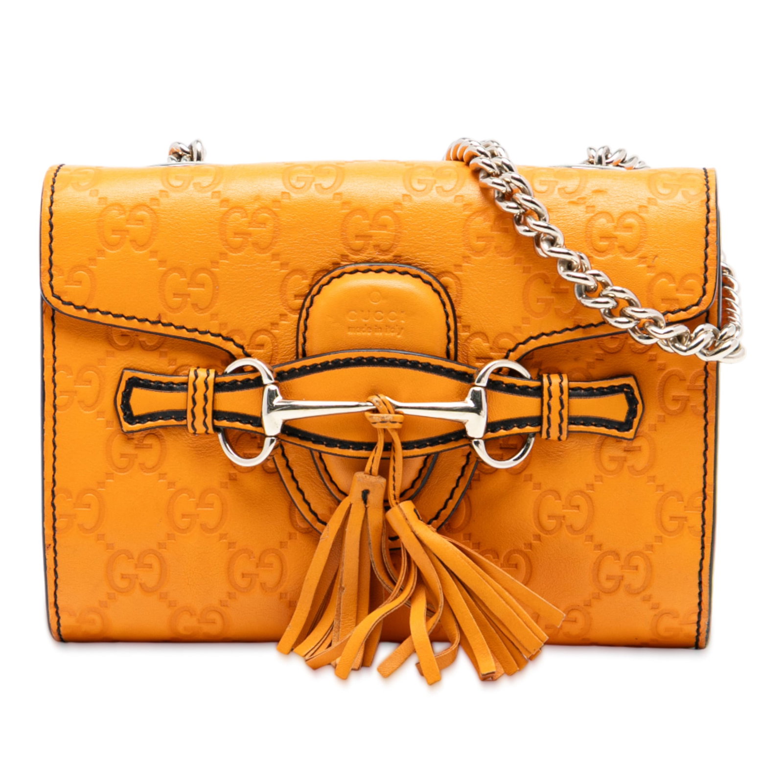 Gucci Mini Emily Orange Leather Embossed Guccissima Crossbody Bag: Gucci Mini Emily Orange Leather Embossed Guccissima Crossbody Bag This Mini Emily crossbody bag features embossed leather in an orange hue, complemented by a silver-tone curb chain link strap with a l