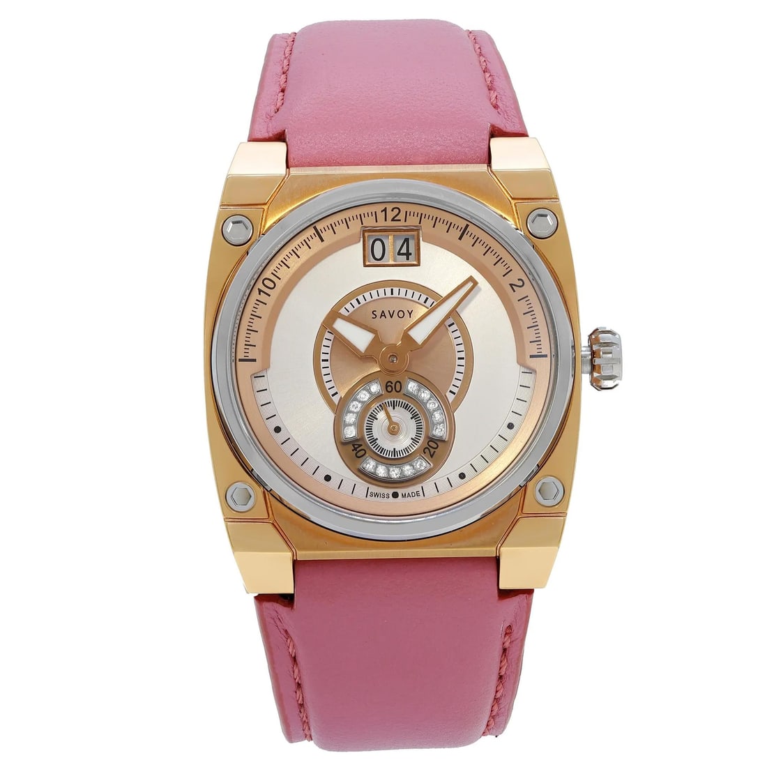 Savoy Iconic Petite Quartz Watch Silver Dial Rose Gold Steel Pink Leather: Savoy Iconic Petite Quartz Watch Silver Dial Rose Gold Steel Pink Leather This Savoy Iconic Petite wristwatch combines elegance with functionality, designed for casual wear. The timepiece features a s