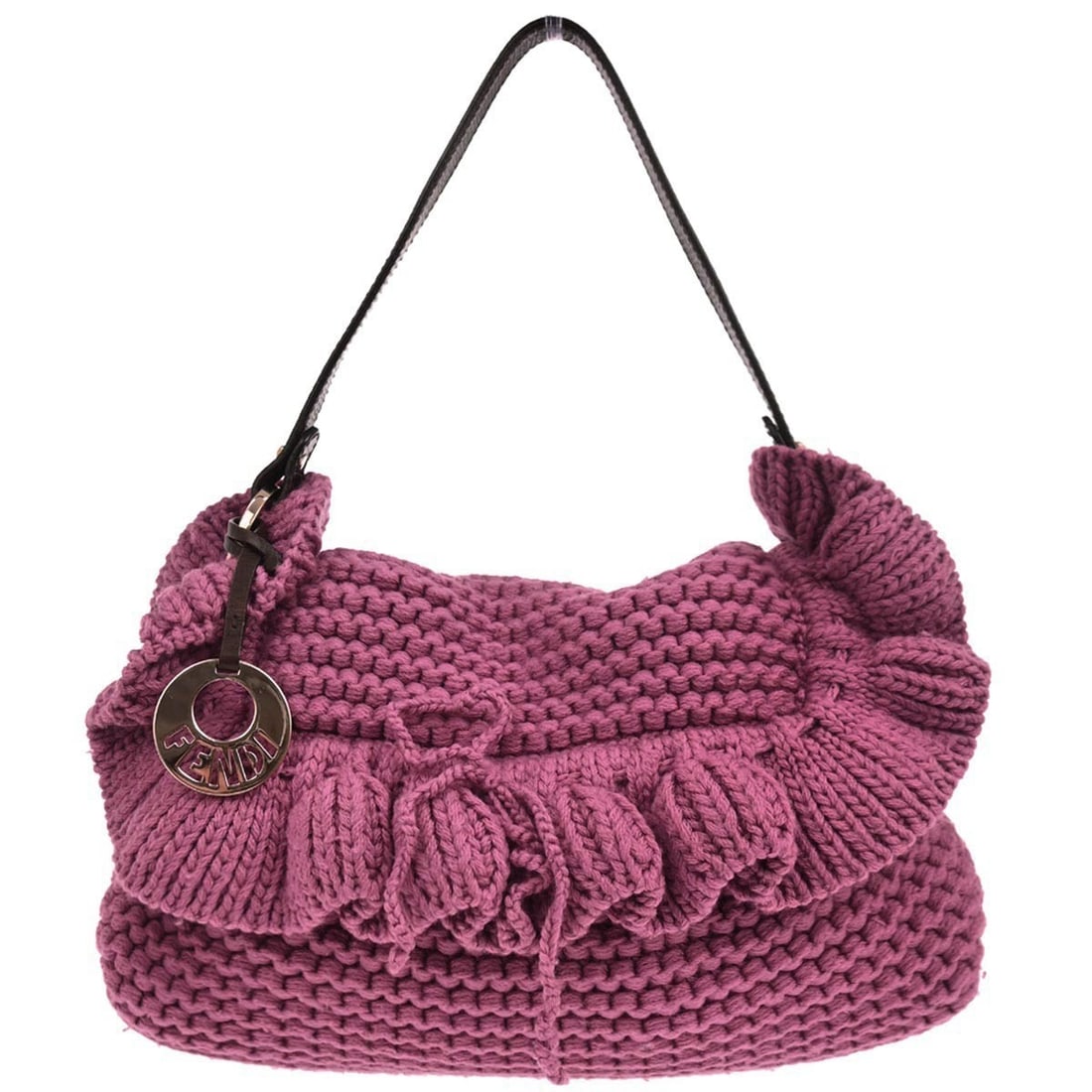 Fendi Medium Pink Wool Shoulder Bag with Logo Accents: Fendi Medium Pink Wool Shoulder Bag with Logo Accents This Fendi pink wool handbag features a medium-sized silhouette with a magnetic closure and shoulder strap for comfortable carrying. The exterior