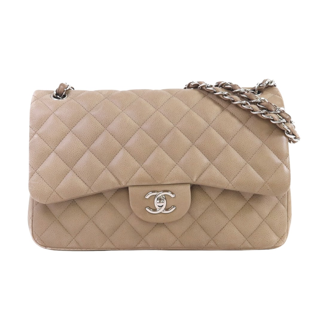 Beige Calfskin Large Classic CC Chain Shoulder Bag by Chanel: Beige Calfskin Large Classic CC Chain Shoulder Bag by Chanel This CHANEL large classic chain shoulder bag is crafted from beige calfskin leather and features silver-tone hardware. Designed in a regula
