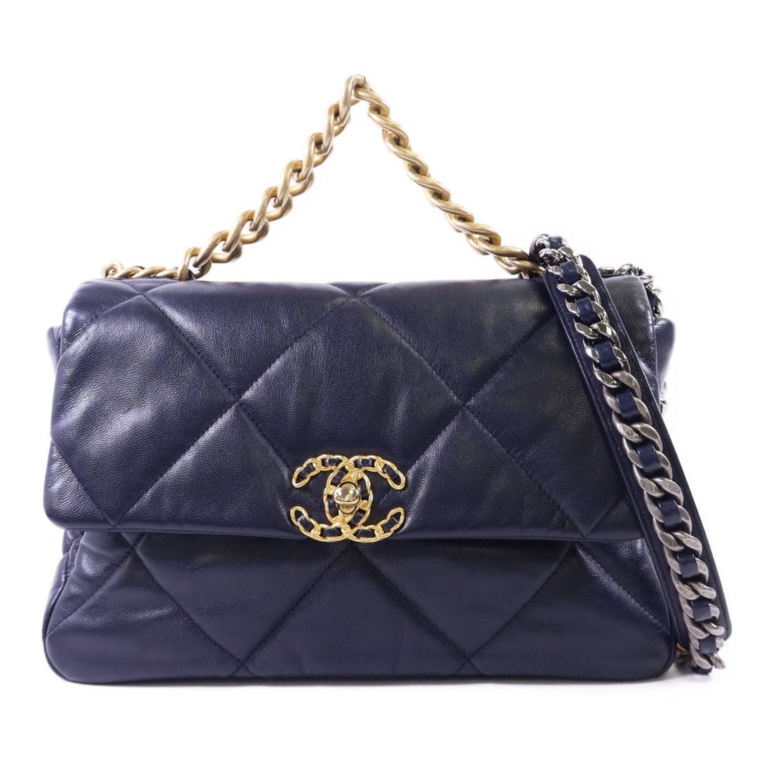Chanel 19 Large Navy Lambskin Two Way Shoulder Bag with Gold Hardware: Chanel 19 Large Navy Lambskin Two Way Shoulder Bag with Gold Hardware This CHANEL 19 large 2-way shoulder bag is crafted from luxurious lambskin leather in navy blue. It features versatile styling opt