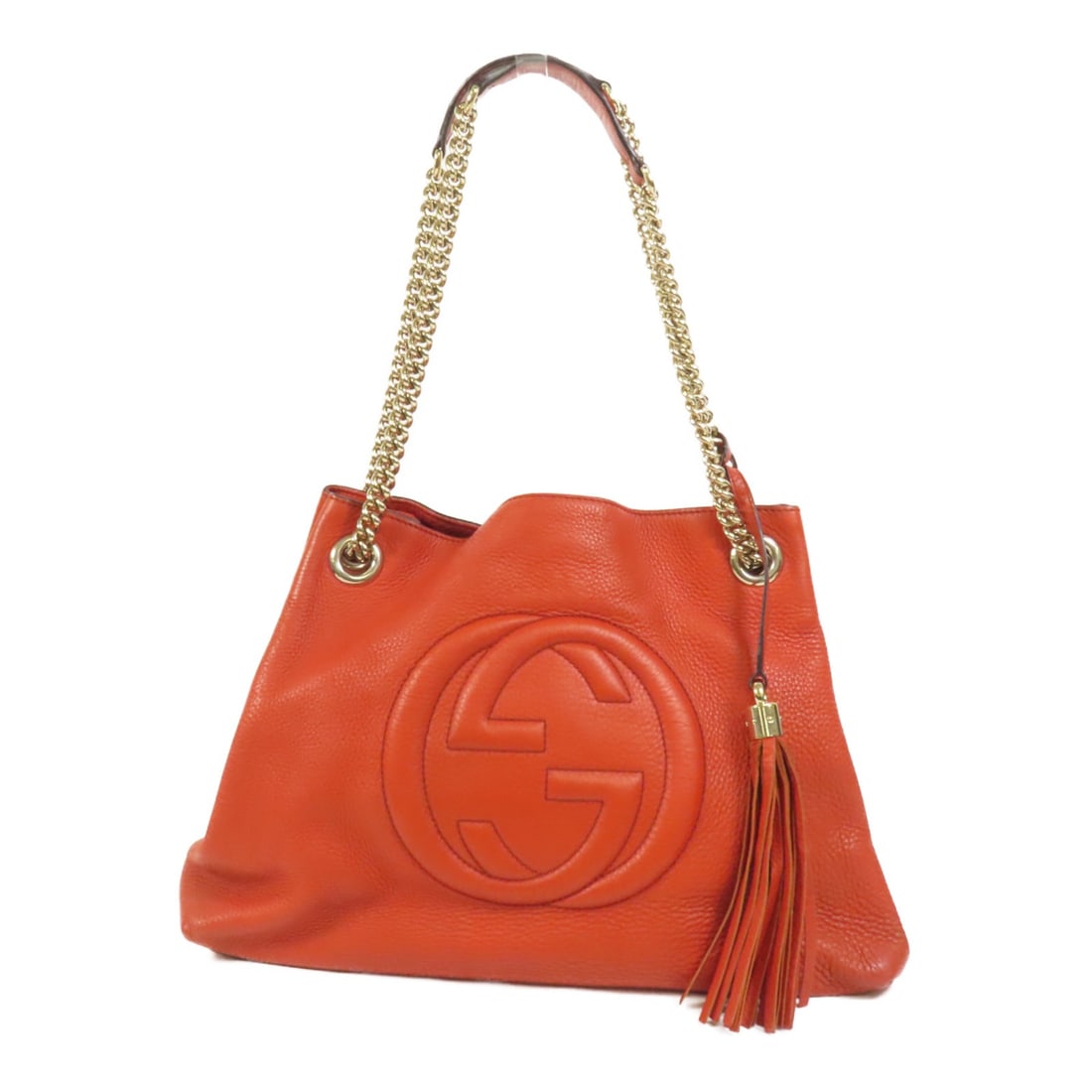 GUCCI Soho Pebbled Calfskin Shoulder Bag Orange GHW: GUCCI Soho Pebbled Calfskin Shoulder Bag Orange GHW This stylish GUCCI shoulder bag is crafted from high-quality pebbled calfskin leather in a vibrant orange hue. Designed for both fashion and functio
