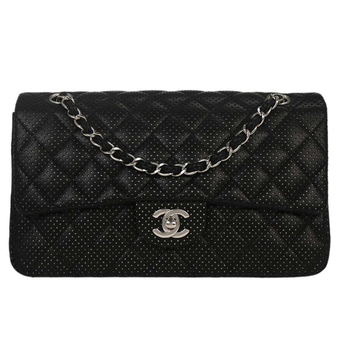 Matelasse Black Leather Chanel Shoulder Bag with Chain Strap: Matelasse Black Leather Chanel Shoulder Bag with Chain Strap This Chanel shoulder bag features black perforated calfskin leather with a matelasse pattern and logo accents. It includes an adjustable ch