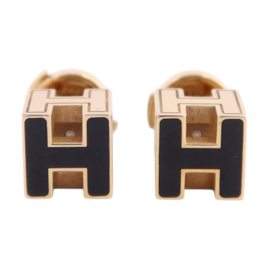 Hermes Black Enamel H Cube Earrings with Gold Tone Hardware: Hermes Black Enamel H Cube Earrings with Gold Tone Hardware These H Cube earrings by Hermes feature a pierced design crafted from black enamel and metal with gold tone accents. Made in France, they of
