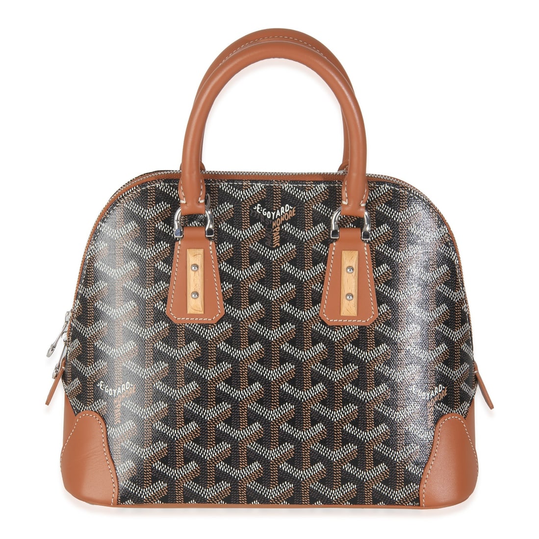 Goyard Mini Vendome Tan Black Goyardine Canvas Top Handle Bag: Goyard Mini Vendome Tan Black Goyardine Canvas Top Handle Bag This Goyard Mini Vendome handbag showcases a sophisticated design crafted from durable Goyardine canvas in a stylish combination of black
