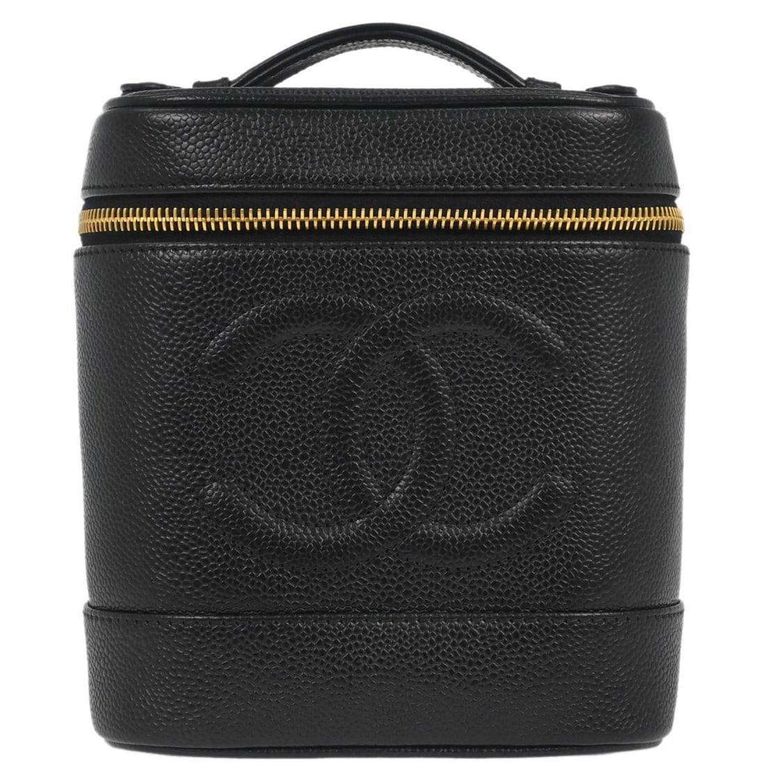 Chanel Timeless Vanity Black Caviar Skin Medium Cosmetic Bag with Top Handle: Chanel Timeless Vanity Black Caviar Skin Medium Cosmetic Bag with Top Handle This Chanel Timeless Vanity handbag is crafted from black caviar skin leather, featuring a top handle design with a zipper