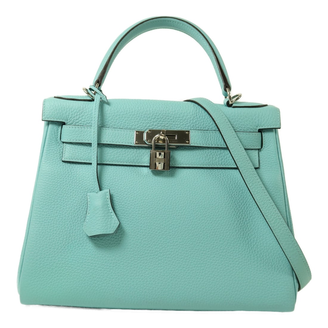 Kelly 28 Blue Togo Leather Shoulder Bag by Hermes with Palladium Hardware: Kelly 28 Blue Togo Leather Shoulder Bag by Hermes with Palladium Hardware This Hermes Kelly 28 is a stylish two-way shoulder bag crafted from Togo calfskin leather in a striking blue shade. Featuring