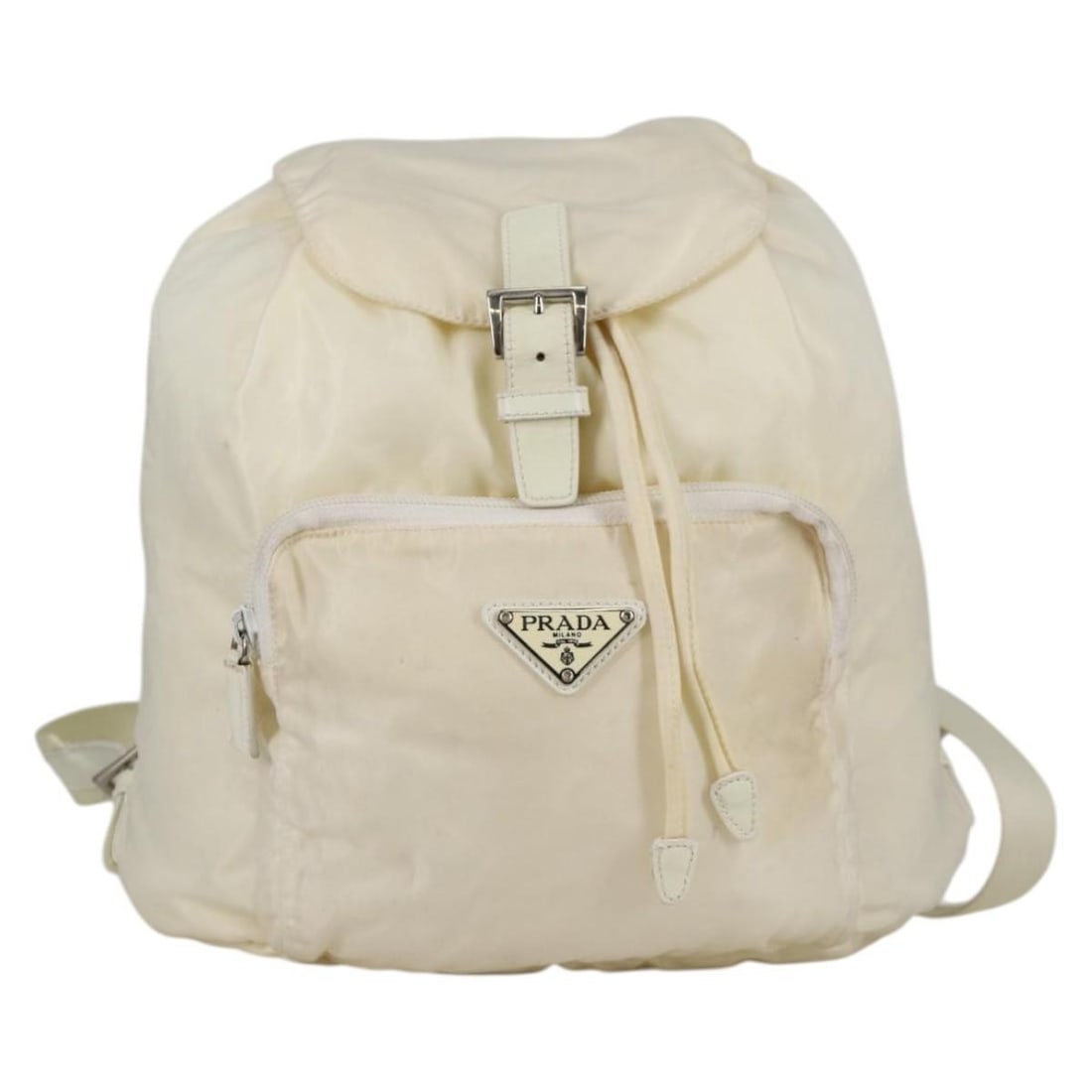 Prada Nylon Ecru Backpack With Front Buckle Pocket: Prada Nylon Ecru Backpack With Front Buckle Pocket This Prada Front Pocket Buckle Backpack for women is crafted from ecru nylon and features a front pocket with buckle closure. Made in Italy, this bac