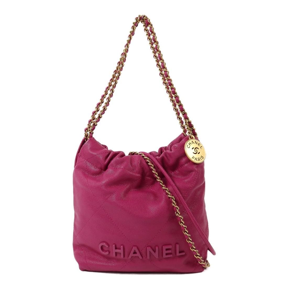 Pink Calfskin CHANEL Mini 22 Two Way Shoulder Bag with Gold Hardware: Pink Calfskin CHANEL Mini 22 Two Way Shoulder Bag with Gold Hardware This CHANEL Mini 22 two-way chain shoulder bag is crafted from pink calfskin leather and features the iconic CC logo. The bag can b