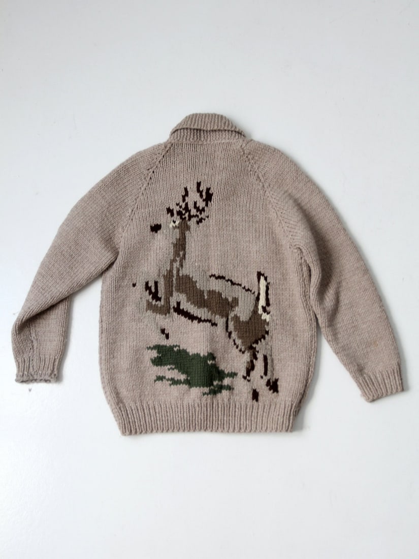 Vintage Hand Knit Tan Wool Camp Sweater with Deer Design - 2