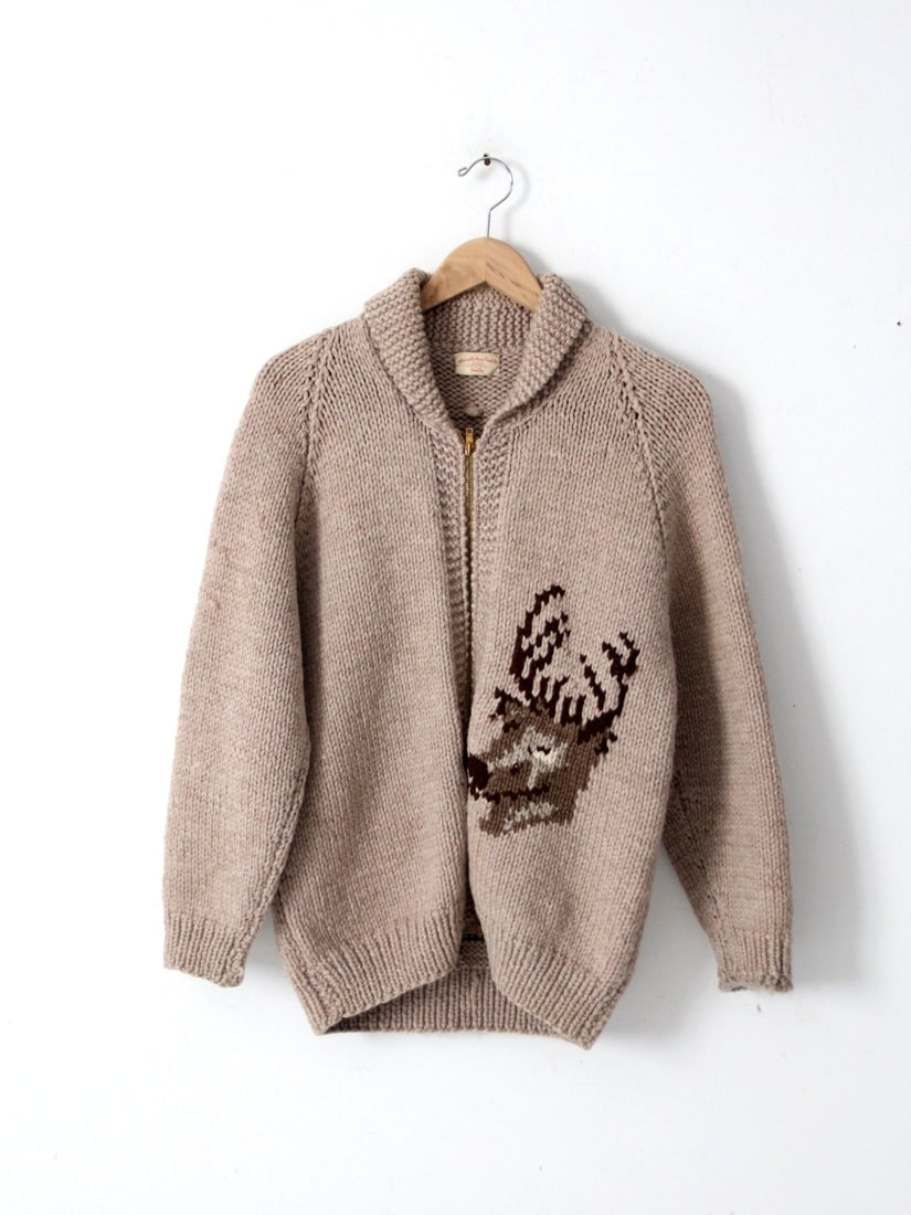 Vintage Hand Knit Tan Wool Camp Sweater with Deer Design - 3