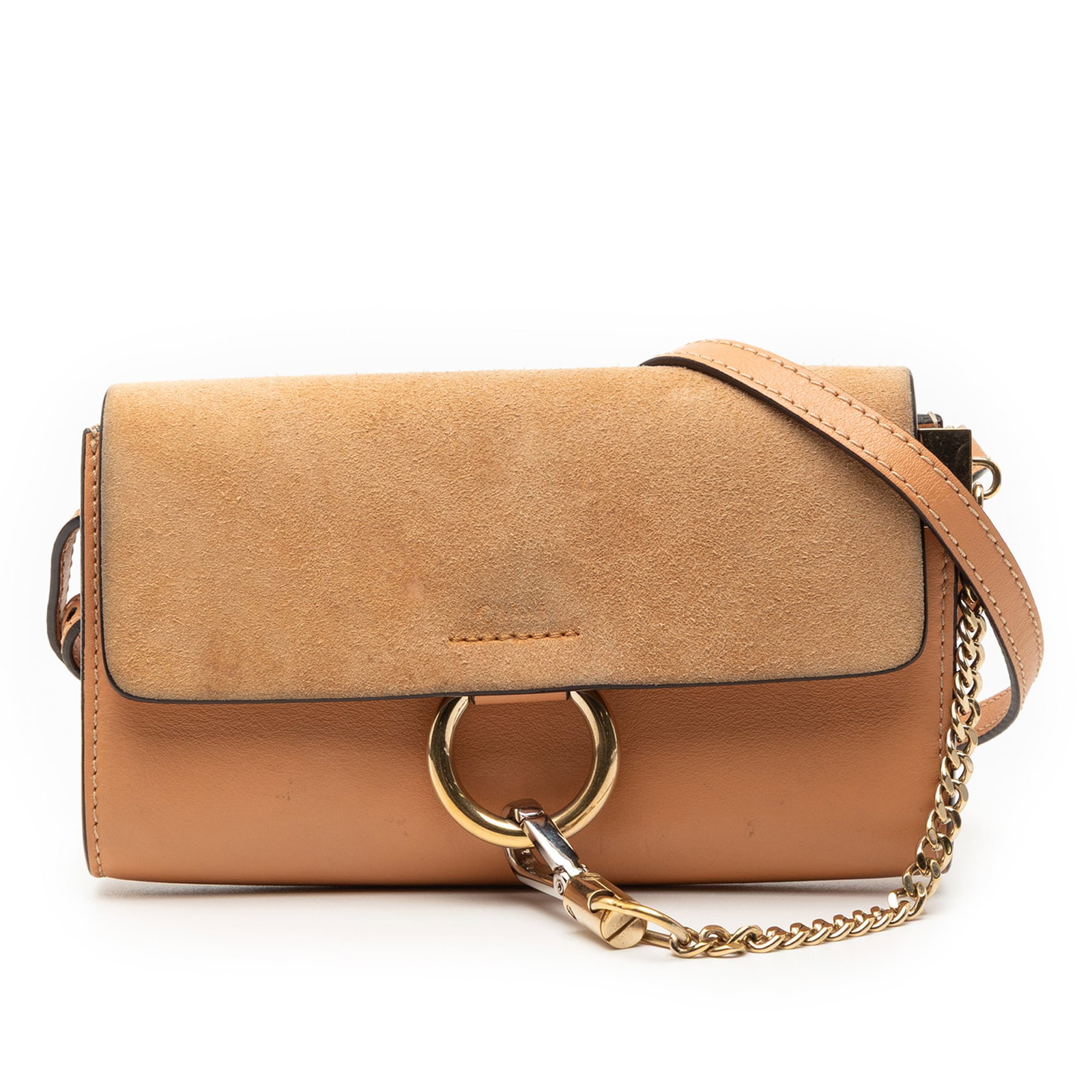 Mini Faye Chain Crossbody in Calfskin and Suede by Chloe: Mini Faye Chain Crossbody in Calfskin and Suede by Chloe This Chloe Mini Faye crossbody bag is crafted from calfskin leather with a suede top flap. It features an adjustable flat leather strap, a dist
