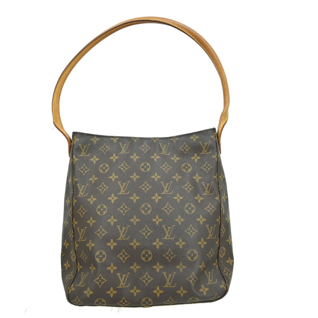 Louis Vuitton Looping GM Monogram Leather Shoulder Purse M51145: Louis Vuitton Looping GM Monogram Leather Shoulder Purse M51145 This Louis Vuitton Looping GM shoulder bag features the iconic monogram pattern on brown leather with beige leather handles. The medium-