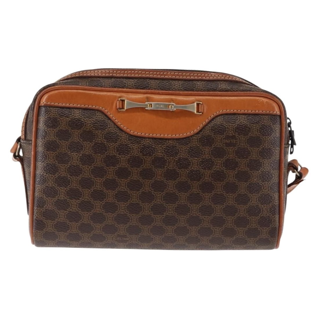 Brown Macadam Shoulder Bag by Celine in Canvas and Leather: Brown Macadam Shoulder Bag by Celine in Canvas and Leather This pre-owned Celine Macadam shoulder bag features a brown canvas exterior with leather accents. Designed for women, the bag displays classi