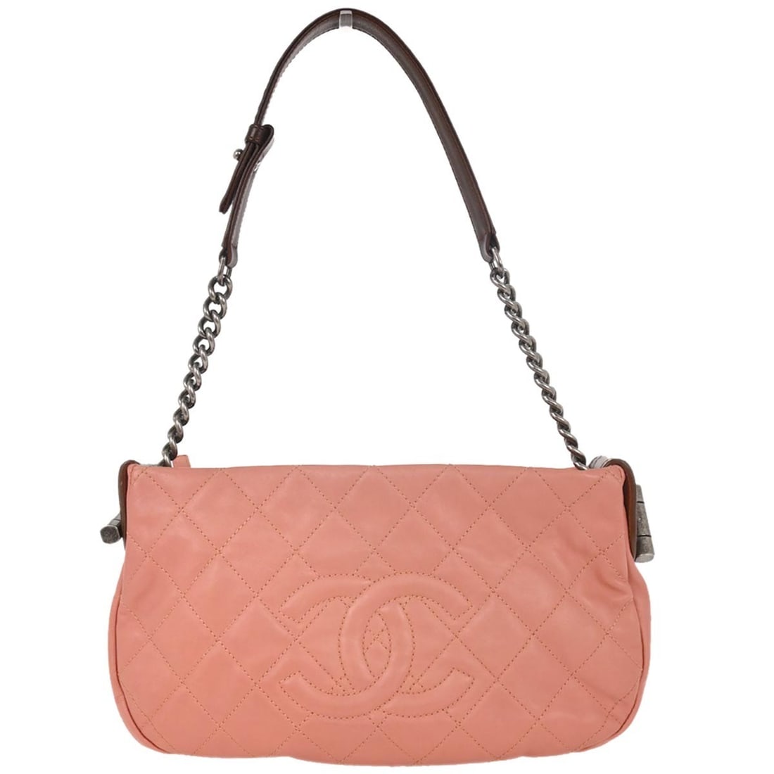 Chanel Pink Calfskin Handbag with Silver Hardware: Chanel Pink Calfskin Handbag with Silver Hardware This elegant Chanel handbag is crafted from luxurious pink calfskin leather, featuring a sleek design that is both stylish and functional. The medium-
