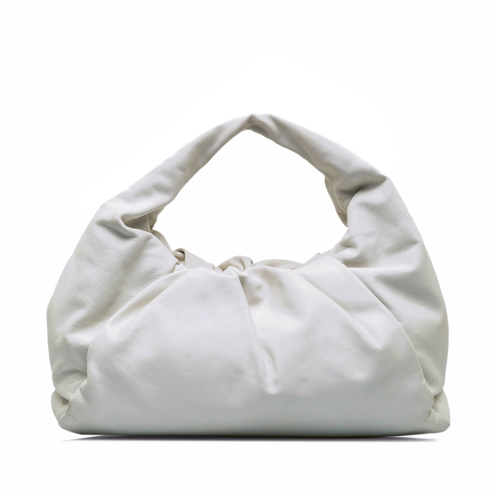 Bottega Veneta White Lambskin The Shoulder Pouch Bag: Bottega Veneta White Lambskin The Shoulder Pouch Bag Introducing the Bottega Veneta Lambskin The Shoulder Pouch, a chic and versatile bag crafted from premium leather. This exquisite piece features a