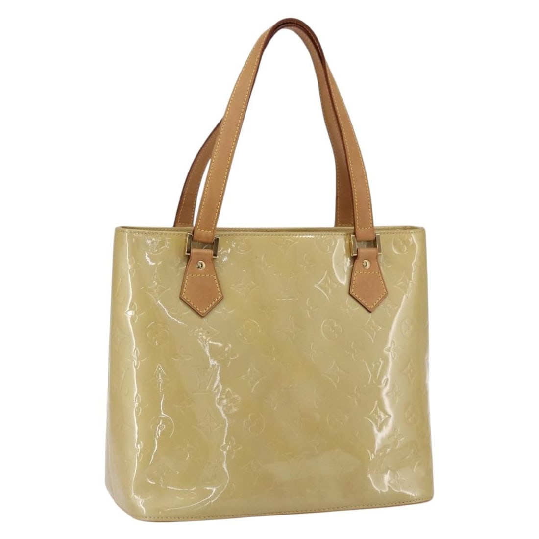 Louis Vuitton Houston Monogram Vernis Beige Patent Leather Handbag M91004: Louis Vuitton Houston Monogram Vernis Beige Patent Leather Handbag M91004 This Louis Vuitton Monogram Vernis Houston handbag features a beige patent leather exterior and is crafted in Spain. The bag i
