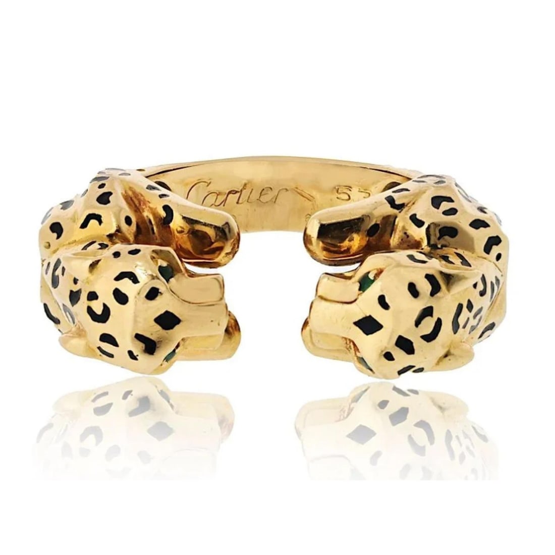 Cartier Double Panthere Ring 18K Yellow Gold with Emeralds Size 6.5: Cartier Double Panthere Ring 18K Yellow Gold with Emeralds Size 6.5 Experience the allure of wild cats with this exquisite Cartier Double Panthere Spotted Ring, crafted from luxurious 18K yellow gold.
