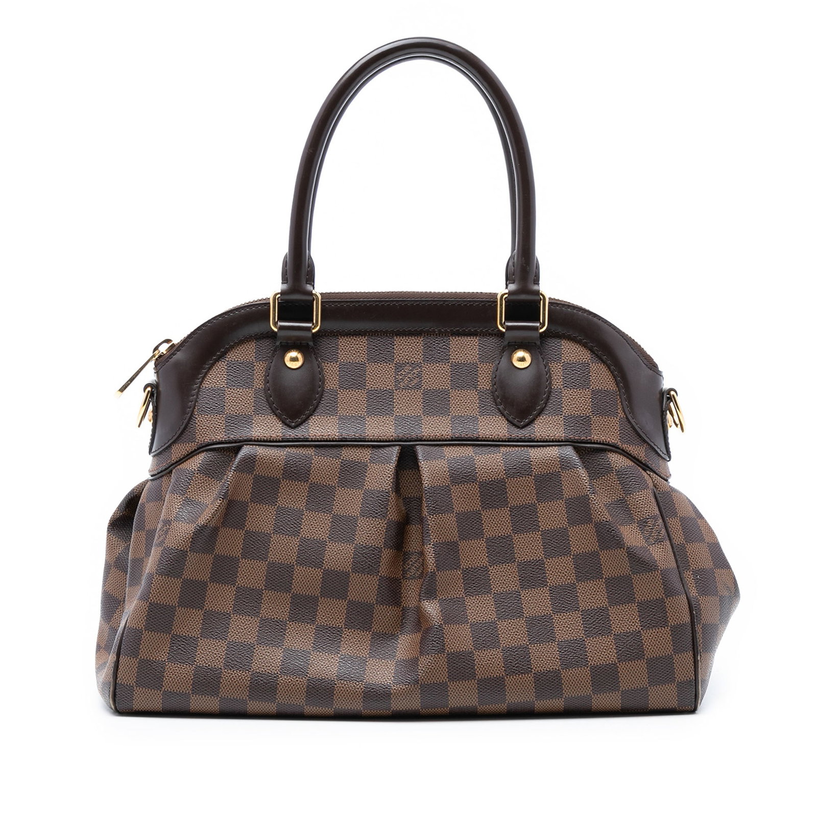 Louis Vuitton Damier Ebene Trevi PM Brown Canvas Handbag: Louis Vuitton Damier Ebene Trevi PM Brown Canvas Handbag The Louis Vuitton Damier Ebene Trevi PM is a stylish bag crafted from durable damier ebene canvas with leather trim. It features rolled top han