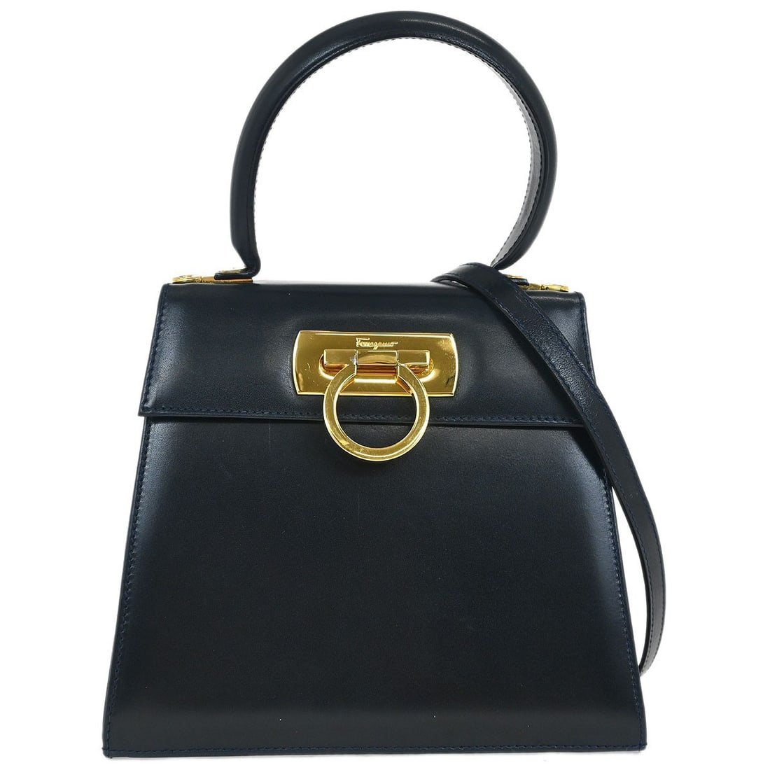 Salvatore Ferragamo Navy Gancini Leather 2way Handbag O212193: Salvatore Ferragamo Navy Gancini Leather 2way Handbag O212193 Elevate your casual style with the Salvatore Ferragamo Navy Gancini 2-way Handbag. This medium-sized top handle bag features a sophisticat