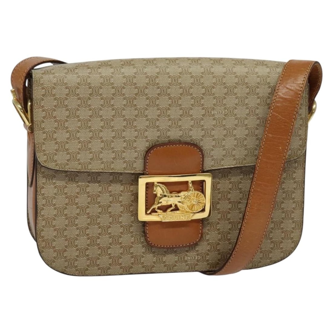 CELINE Macadam Canvas Shoulder Bag Beige Gold PVC Leather Made in Italy: CELINE Macadam Canvas Shoulder Bag Beige Gold PVC Leather Made in Italy This Celine Macadam Canvas Shoulder Bag is a chic accessory crafted in Italy, featuring a stylish blend of beige and gold that c