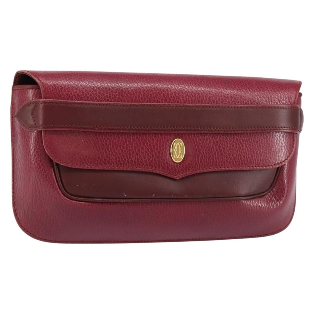 CARTIER Must Line Bordeaux Gold Leather Clutch Bag with Dust Bag: CARTIER Must Line Bordeaux Gold Leather Clutch Bag with Dust Bag This exquisite CARTIER Must Line Clutch Bag is crafted from high-quality leather in a rich Bordeaux and gold color combination. Perfect
