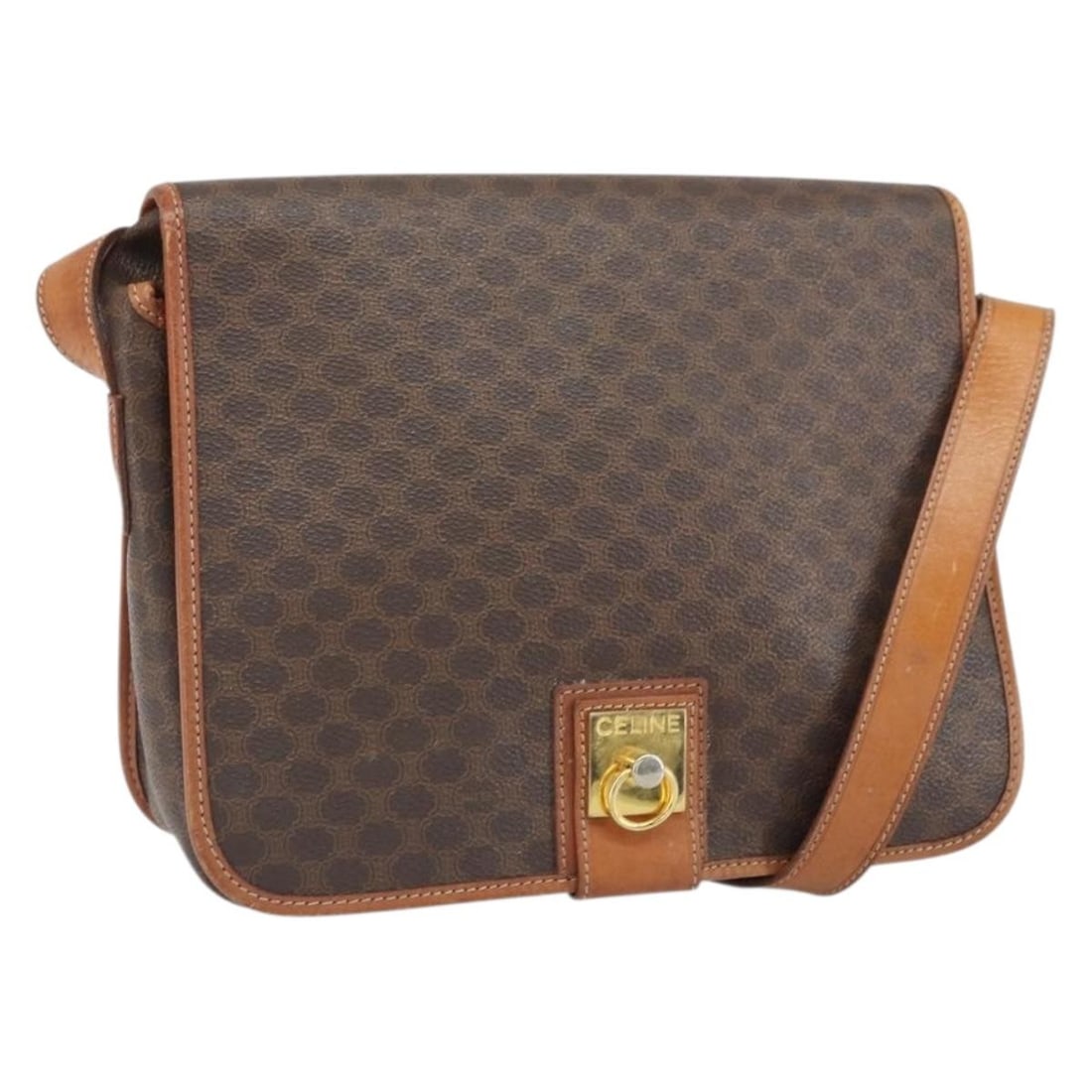 Celine Shoulder Bag Macadam Canvas PVC Brown Gold with Pouch: Celine Shoulder Bag Macadam Canvas PVC Brown Gold with Pouch This CELINE Macadam shoulder bag features a brown and gold PVC leather exterior with the brand's signature Macadam canvas. The bag is desig