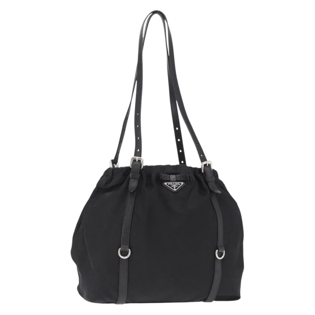 Prada Black Nylon Shoulder Bag With Silver Tone Details and Guarantee Card: Prada Black Nylon Shoulder Bag With Silver Tone Details and Guarantee Card This PRADA shoulder bag features a black nylon exterior with silver-tone details. Designed for everyday use, the bag offers a