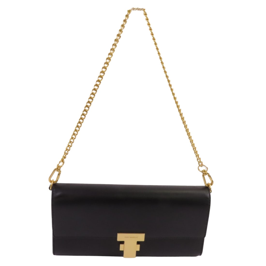 Tory Burch Black Calfskin Chain Shoulder Bag GHW: Tory Burch Black Calfskin Chain Shoulder Bag GHW Elevate your style with this chic Tory Burch Chain Shoulder Bag, expertly crafted from luxurious black calfskin leather. This shoulder bag features a s