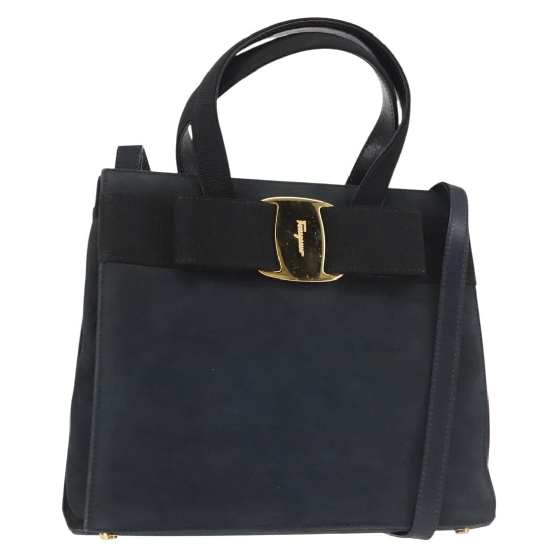Salvatore Ferragamo Black Gold Suede 2-Way Hand Bag Auth 135339: Salvatore Ferragamo Black Gold Suede 2-Way Hand Bag Auth 135339 This elegant Salvatore Ferragamo hand bag combines luxury and functionality, crafted from high-quality suede in a striking black and gol