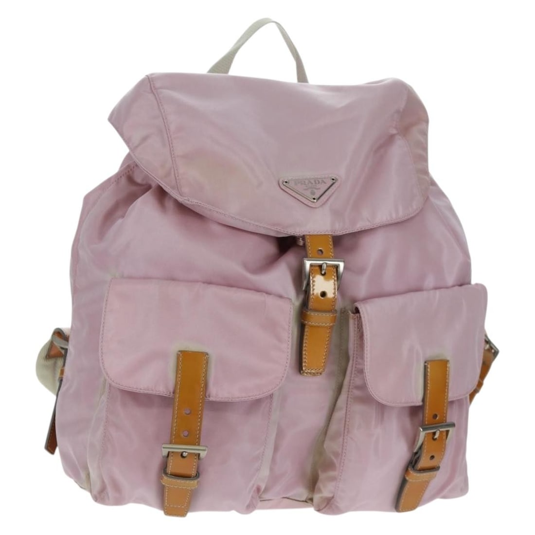 Pink Nylon Backpack by Prada with Silver Accents Made in Italy: Pink Nylon Backpack by Prada with Silver Accents Made in Italy This PRADA backpack is crafted from nylon in a pink and silver color combination. Made in Italy, it features an approximate height, lengt